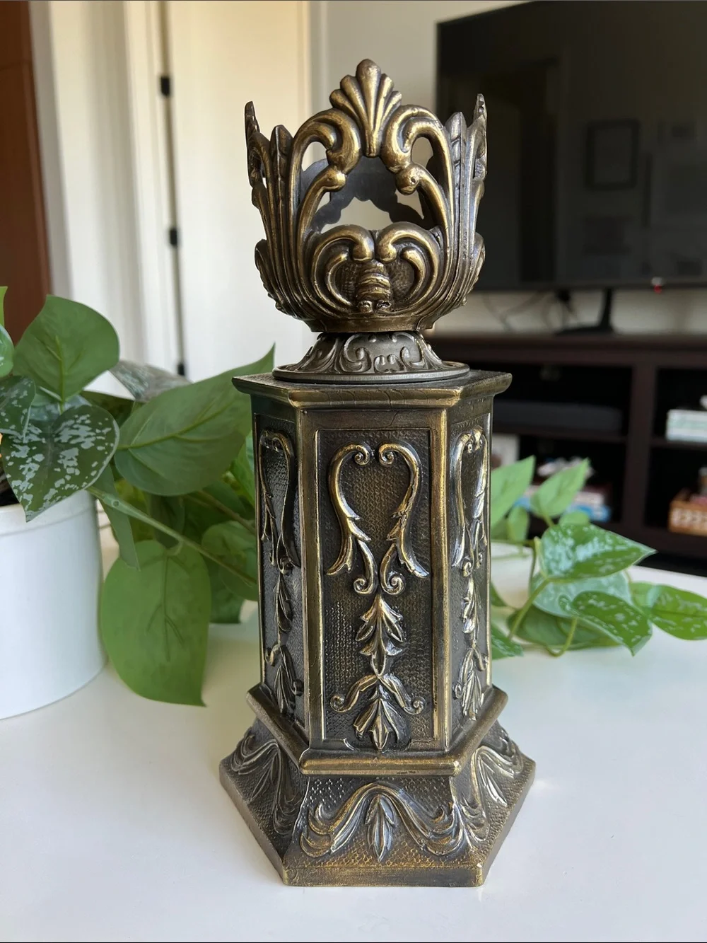 Vintage Ornate Metal Pillar Candle Holder Decor